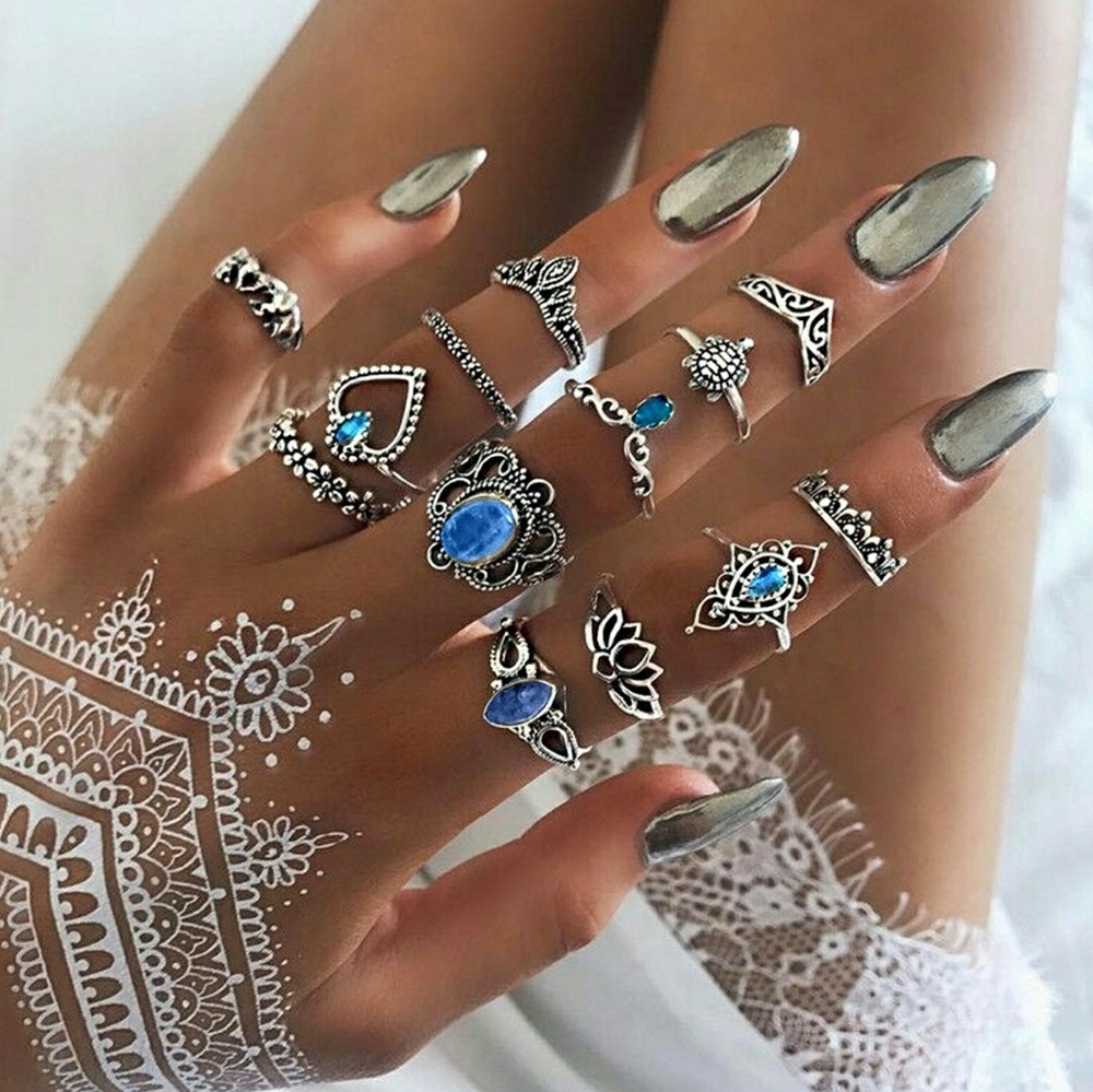 13 Piece Antique Silver Boho Stackable Ring Set